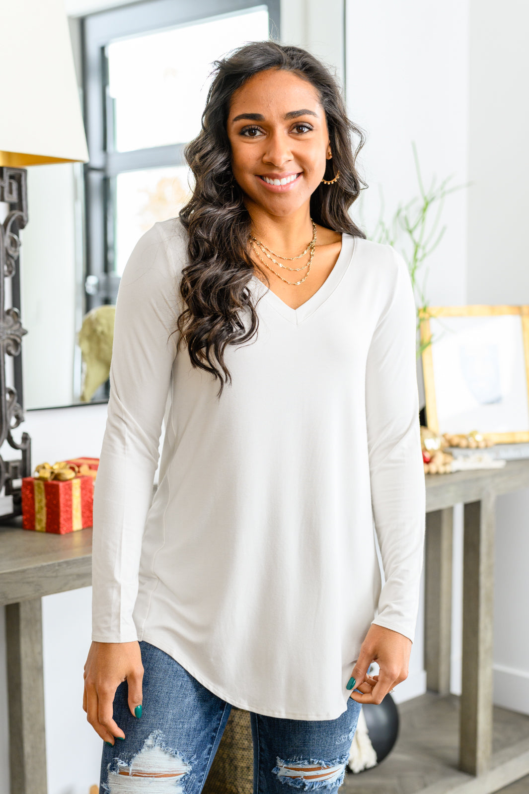 Basics Are Best Long Sleeve V-Neck Top in Bone