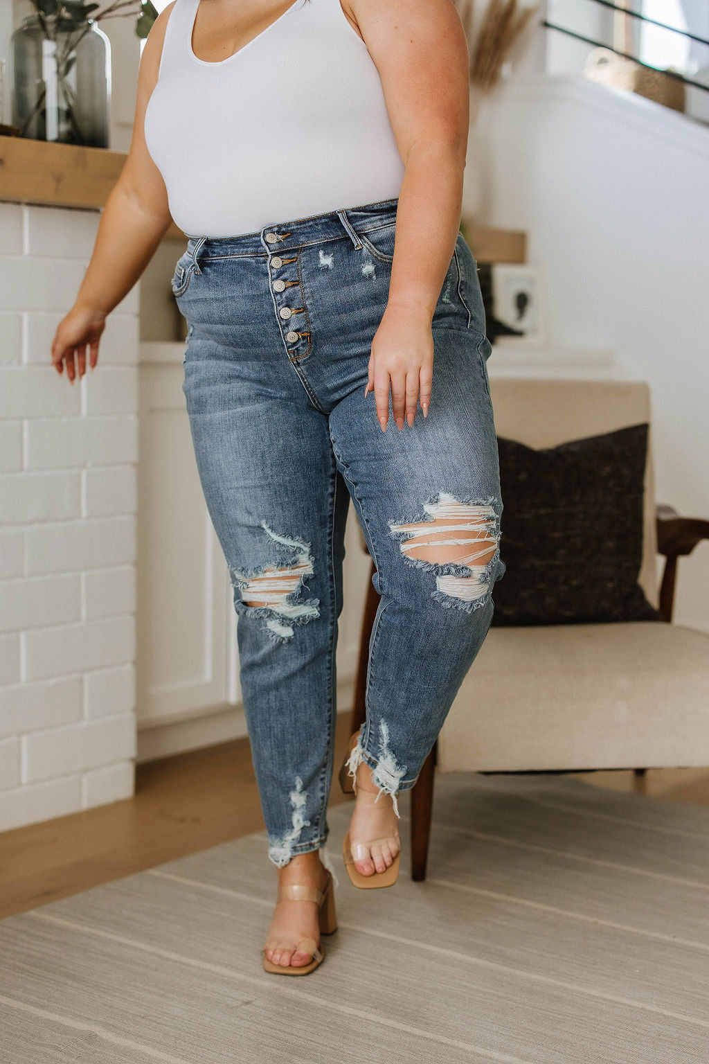 Josie High Rise Button Fly Boyfriend Jeans