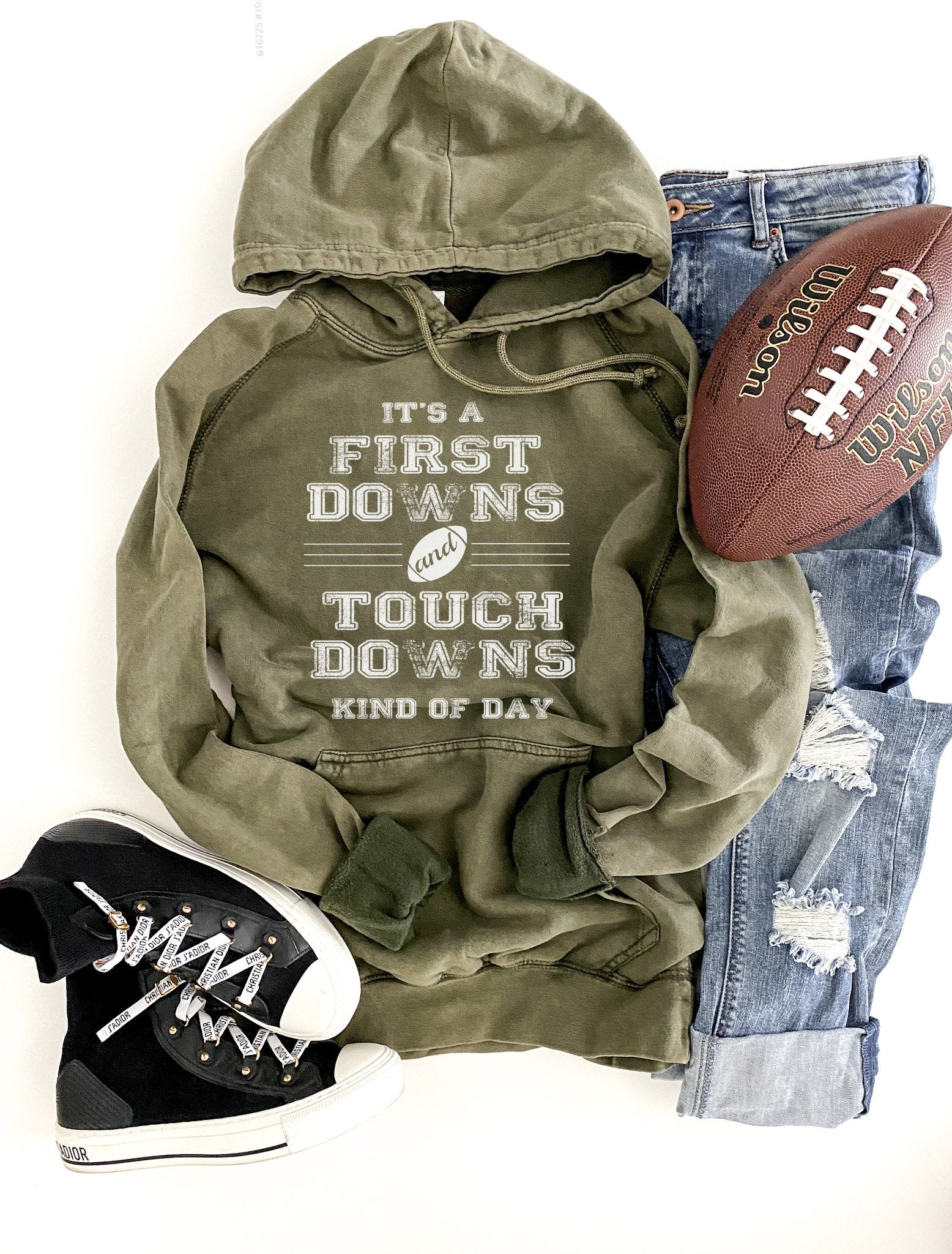 PREORDER: First Downs and Touchdowns Vintage Wash Hoodie In Assorted Colors