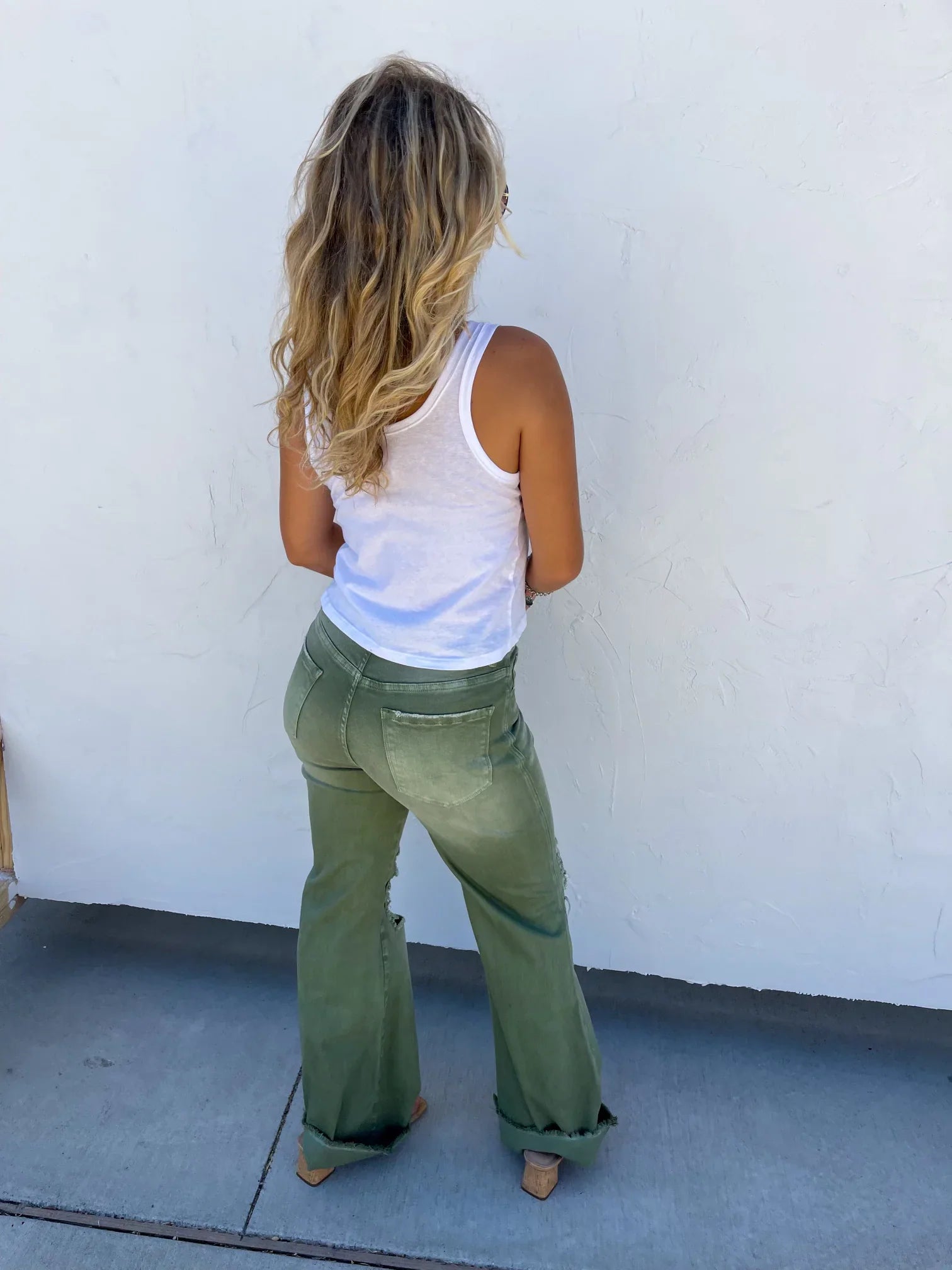 PREORDER: Blakeley Distressed Jeans In Olive and Camel Tall Inseam